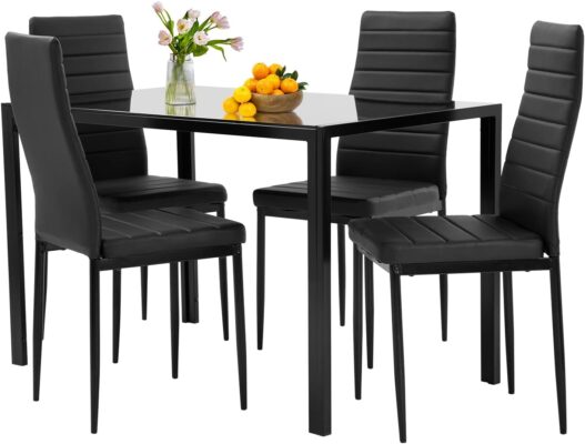 5-Piece Dining Table Set | Black | Glass Kitchen Table with 4 Upholstered Chairs and Faux Leather Cushions